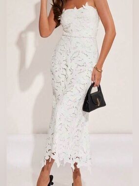 Strapless White Lace Midi Dress